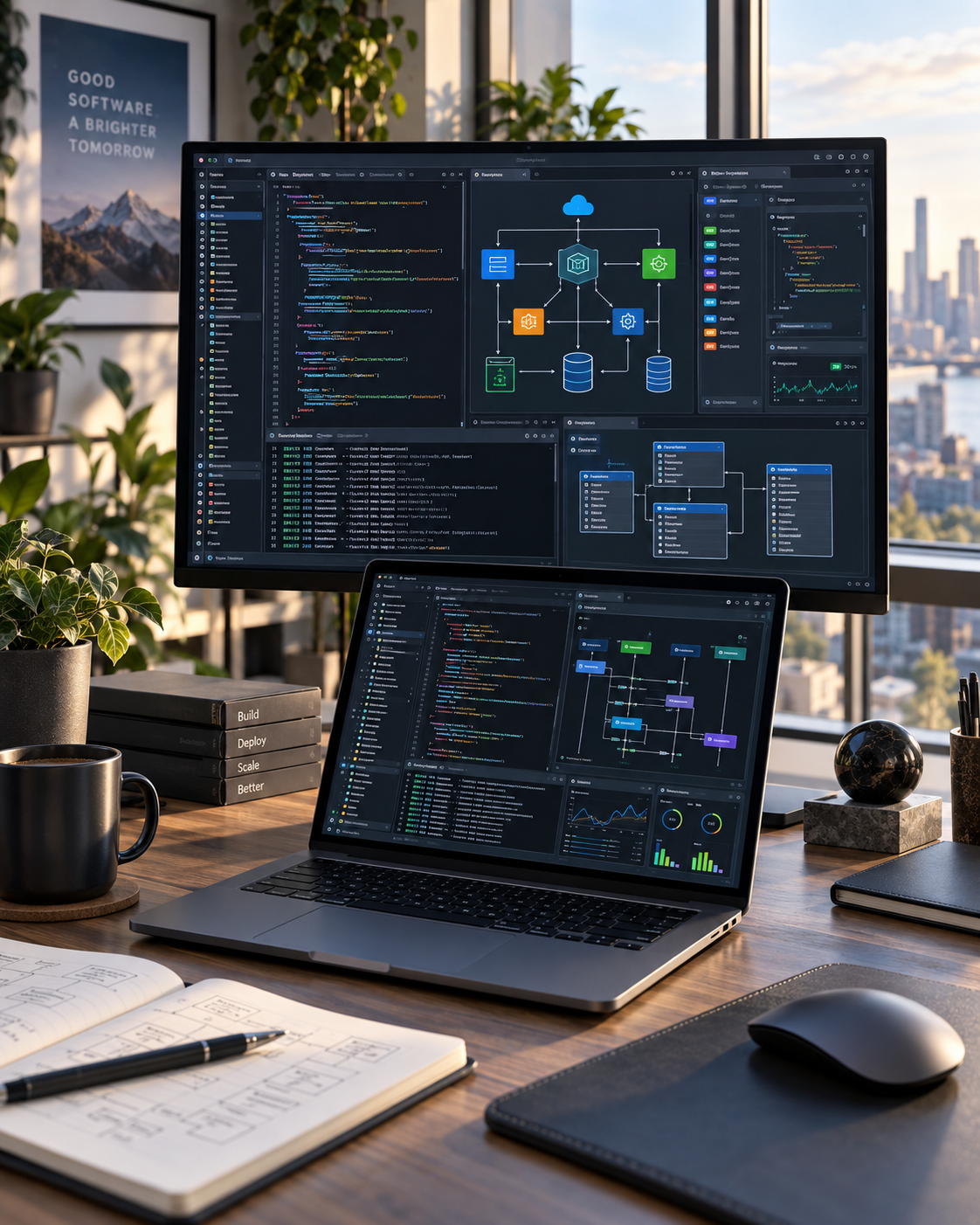 Software engineer designing code and system architecture in a modern workspace.