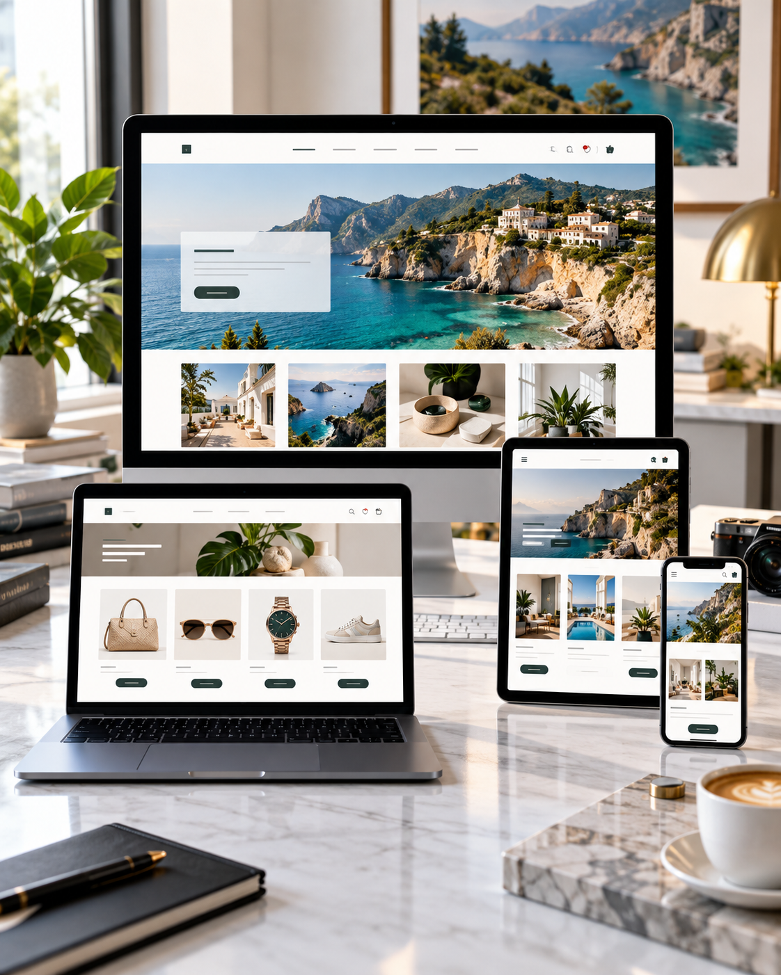 Web designer arranging responsive website layouts on transparent interface panels.